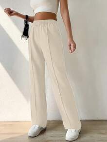Women's Solid Color Elastic Waist Toothpick Stripe Design Straight Leg Casual Pants - Apricot - View 2