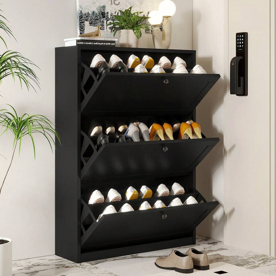 VOWNER Shoe Cabinet With 2/3/6 Flip Drawer, Freestanding Shoe Organizer With Storage & Adjustable Shelves, Shoe Rack For Entry, Hallway, Living Room, Bedroom, Gift For Halloween & Thanksgiving - Đen - 3 ngăn kéo - Xem 1