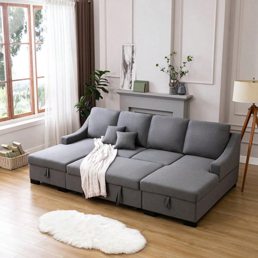 U_STYLE Upholstery Sleeper Sectional Sofa With Double Storage Spaces 2 Tossing Cushions Grey