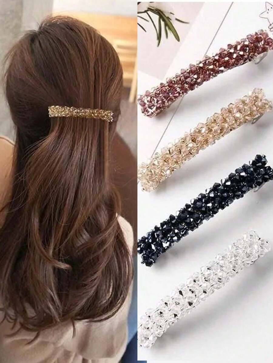 4pcs Crystal Beads Barrette Hair Clips, Super Shiny 4-Rows Crystal Hair Clips, Hair Accessories Claw Clips Hair Claws Hair Barrettes, School Stuff, Head Accessories, Hairpin, Bobby Pins - Multicolor - View 1
