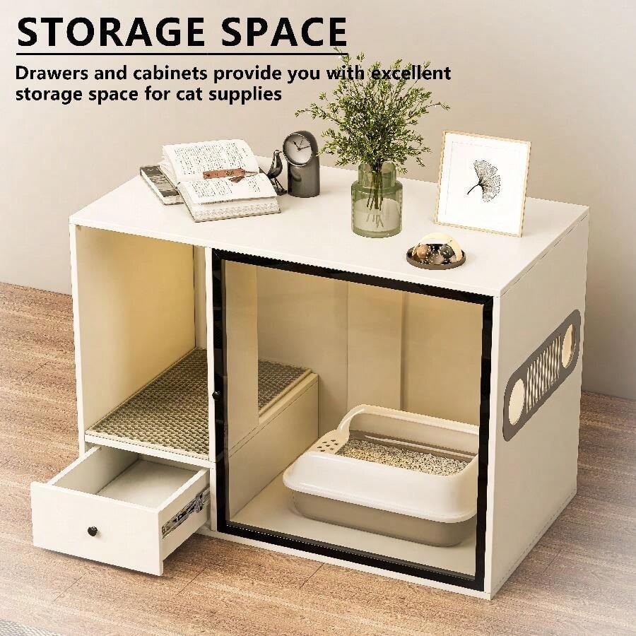 ATJafurn Cat Litter Box Enclosure Furniture Style White Hidden Kitty
