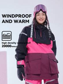 VECTOR MOTION 连帽半拉链滑雪夹克，男女通用，防风，防水，透气，有弹性，超轻保暖，半拉链连帽衫，适用于单/双滑雪板滑雪服 - 粉色 - 查看 2
