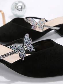 春夏新款时尚粗跟尖头水钻一脚蹬穆勒凉鞋女款 - 黑色 - 查看 7