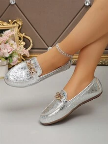 Giày lười đế tròn đế mềm thoải mái mới cho nữ cỡ lớn, giày lười co giãn - Bạc kim loại - Xem 4