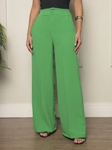 Duna Fabric Wide Leg Pants With Button Blogger Elastic Social Pants - 綠色 - 查看 3