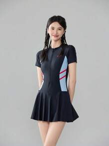 1pc Women Sports One-Piece Jumpsuit, Letter Print Short Sleeve & Shorts, Stretchy Slim Fit Casual Outfit For Spring/Summer, Beach, Party, Swimming, Surfing, Snorkeling, Quick Dry Knit Fabric - Blue - View 2