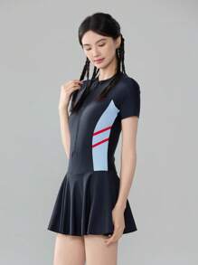 1pc Women Sports One-Piece Jumpsuit, Letter Print Short Sleeve & Shorts, Stretchy Slim Fit Casual Outfit For Spring/Summer, Beach, Party, Swimming, Surfing, Snorkeling, Quick Dry Knit Fabric - Blue - View 4