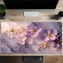 大理石纹花卉鼠标垫，紫色美观桌面垫，办公桌配件，缝边防滑超大鼠标垫，橡胶底座键盘垫，35.4x15.7英寸，电竞桌面垫，适用于办公室、家庭，女士礼物，返校季游戏鼠标垫，桌面配件，办公用品，办公桌配件，桌面鼠标垫 - 彩色 - 查看 1