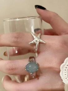 Set de 2 anillos abiertos con decoración de estrellas de mar, adecuados para uso diario por mujeres
