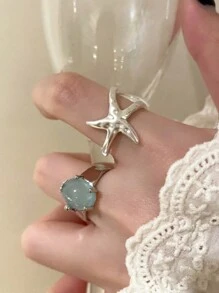 Set de 2 anillos abiertos con decoración de estrellas de mar, adecuados para uso diario por mujeres