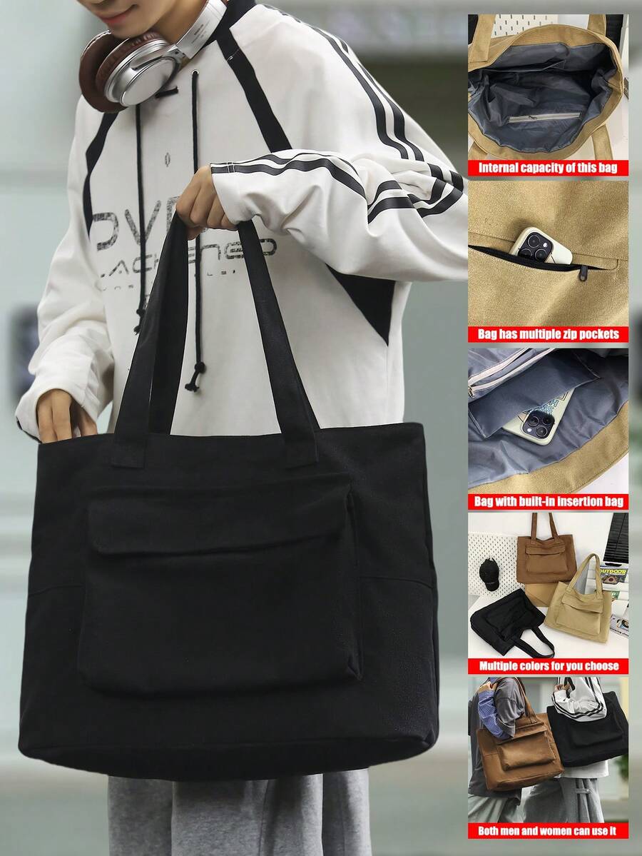 peach tree 1 件时尚简约纯色手提包，休闲单肩包，带多个手机口袋，商务、学校、通勤、青年、男士，圣诞节徒步旅行秋季旅行冬季礼物节日感恩节礼物男士礼物大容量多功能户外便携时尚休闲收纳袋电脑沙滩包运动包健身包手提包学生多功能爸爸礼物手拿包度假胸包侧包挎包皮包流浪包腰包男士礼物