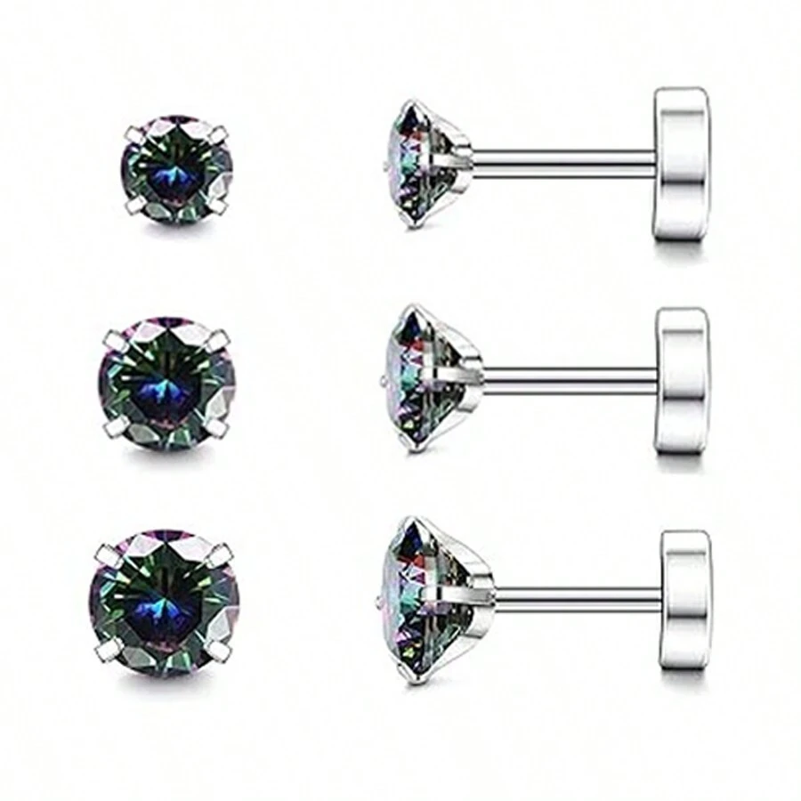 Bộ 3 đôi khuyên tai xoắn ốc Cubic Zirconia trang sức xỏ khuyên sụn cho nam nữ khuyên tai phẳng - Bạc - Xem 1