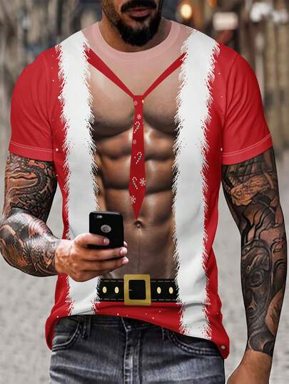 Camiseta de Manga Curta com Estampa de Design Engraçado de Natal para Role Playing Masculino