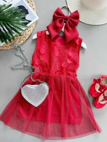 Red Floral Children's Christmas Dress - Đỏ - Xem 1
