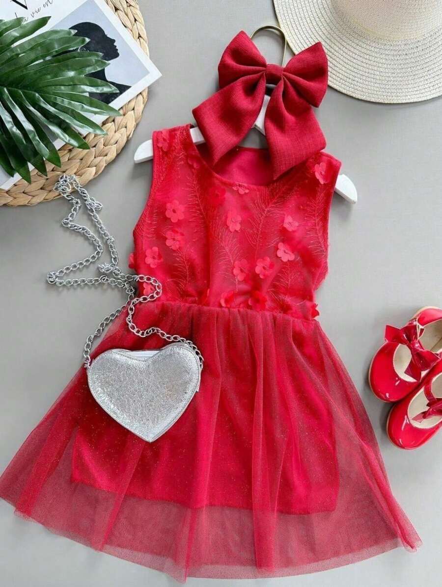 Red Floral Children's Christmas Dress - Đỏ - Xem 1