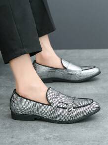 Men's Pointed Toe Formal Mesh Loafers With Buckle, Slip-On For Commuting - Silver - View 4