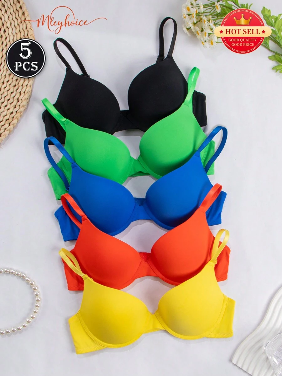 MLeyhoice 5pcs Women's Simple Solid Color Push-Up Underwire Bras For Every Day(One Size Down) - Multicolor - View 1