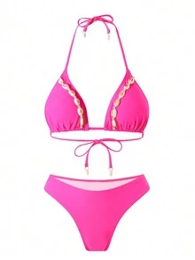 Conjunto de bikini de unicolor con decoración de concha marina para mujer, ideal para vacaciones en la playa de verano - Rosa Fucsia - Ver 1