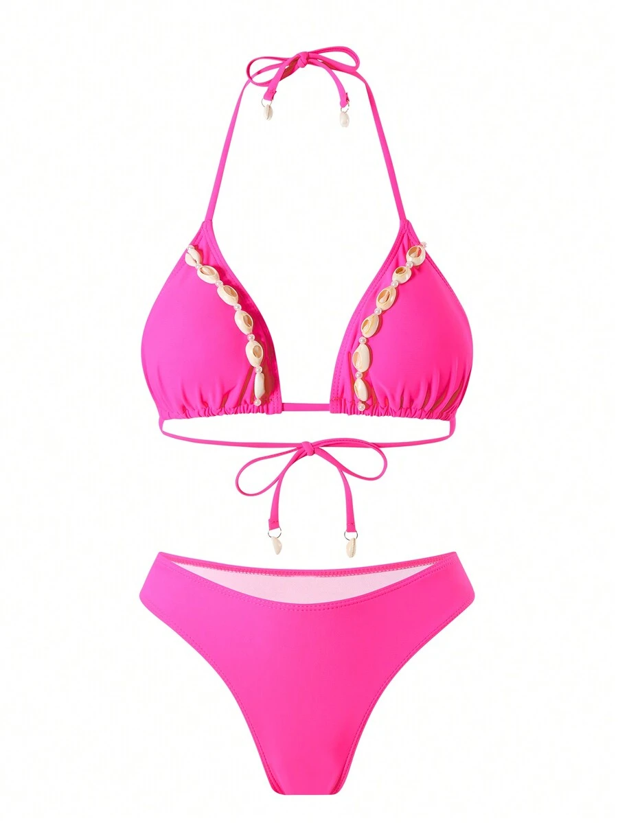Conjunto de bikini de unicolor con decoración de concha marina para mujer, ideal para vacaciones en la playa de verano - Rosa Fucsia - Ver 1