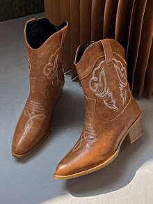 4 Season New Mid-Calf Boots Women Leather Pointed Toe Embroidery Sexy Vintage Western Boots, Brown V-Cut Low Heel Slip-On Fashion Short Ankle Boots - Brown - View 3