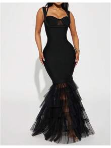 Women's Elegant Black Spaghetti Strap Ruffle Mesh Patchwork Fitted Party Bodycon Dress, Wedding Guest Dress, Formal Dress, Evening Dress,Prom Dress - Black - View 2