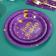 10 piezas Suministros para fiesta de cumpleaños morada Juegos de platos, servilletas y vajilla con estampado morado y dorado para fiestas de cumpleaños de mujeres princesa morada, decoraciones y recuerdos para fiesta de cumpleaños - Multicolor - Ver 4