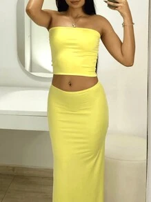 Foreign Set With Long Skirt And Strapless Crop Top - Yellow - View 1
