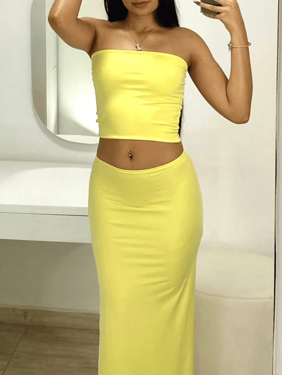 Foreign Set With Long Skirt And Strapless Crop Top - Yellow - View 1