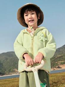 Balabala Girls' Fleece Jacket 2024 Autumn Dinosaur Design - Yellow Green - View 2