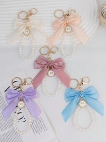 1 Elegant Faux Pearl And Bow Decoration Keychain Pendant With Creative Colorful Woven Ribbon Fabric Knot Accessories, Headphone And Mobile Bag Accessories
