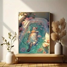 1pc Cat Canvas Wall Art Print In Bathtub, Cute Cat Poster For Bathroom Decoration, Whimsical Cat Artwork, Dopamine Enhanced Canvas Painting, Modern Cat Wall Art Suitable For Bedroom, Living Room, Kitchen, Office, Coffee Shop, And Bathroom Decoration,No Frame
