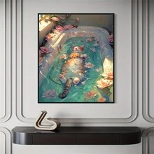 1pc Cat Canvas Wall Art Print In Bathtub, Cute Cat Poster For Bathroom Decoration, Whimsical Cat Artwork, Dopamine Enhanced Canvas Painting, Modern Cat Wall Art Suitable For Bedroom, Living Room, Kitchen, Office, Coffee Shop, And Bathroom Decoration,No Frame