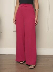Duna Fabric Wide Leg Pants With Button Blogger Elastic Social Pants - 玫紅色 - 查看 3