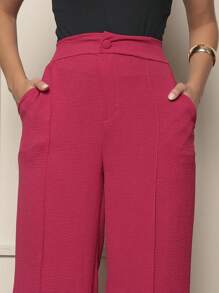 Duna Fabric Wide Leg Pants With Button Blogger Elastic Social Pants - 玫紅色 - 查看 2