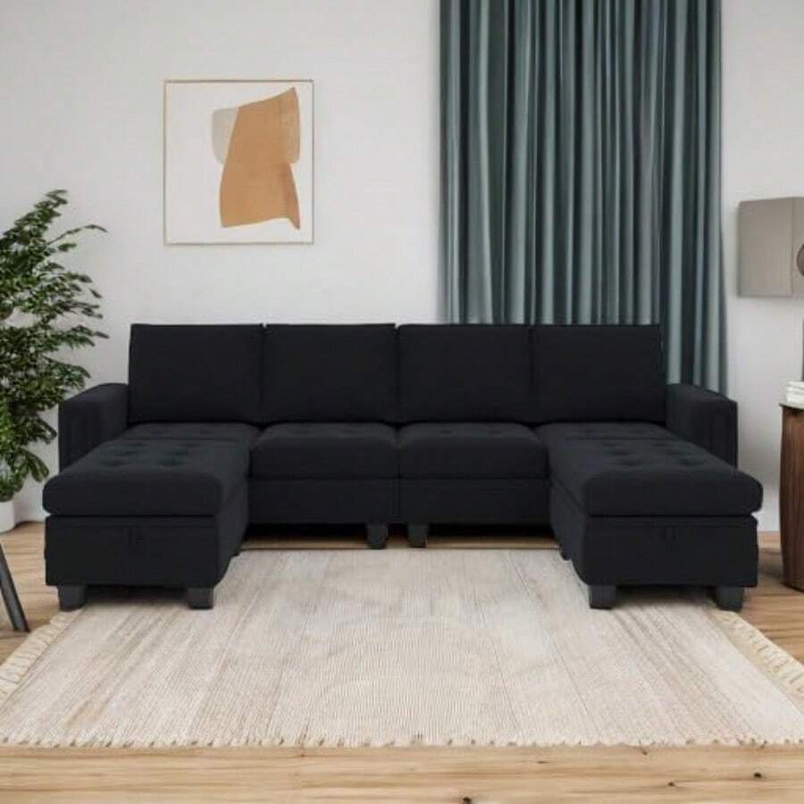 Velvet U Shaped Sectional Sofa Couch With Storage Ottoman Convertibel