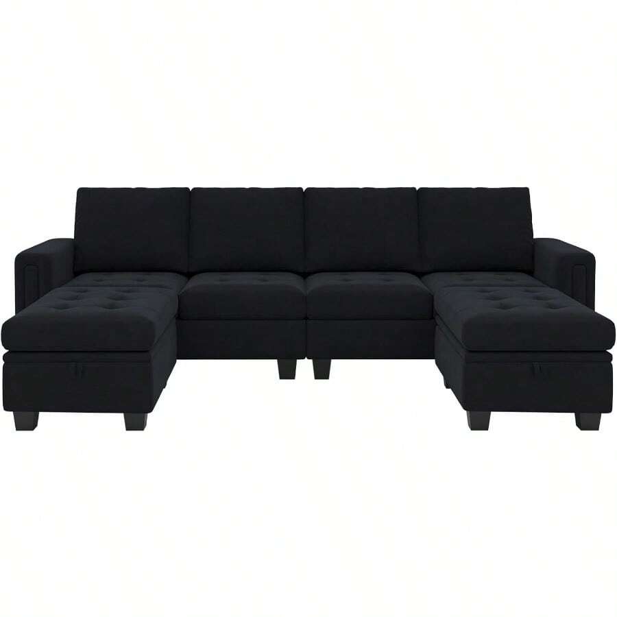 Velvet U Shaped Sectional Sofa Couch With Storage Ottoman Convertibel