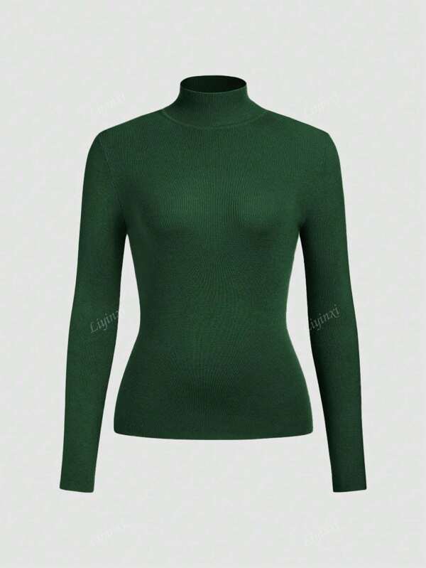 pull en tricot à col montant pour femmes, manches longues, couleur unie, décontracté, confortable, polyvalent pour le bureau