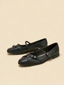Women's Flat Mary Jane Shoes With Square Toe, Multiple Strap Design, Casual Black Lightweight Slip On Flats For School/Students - Black - View 2