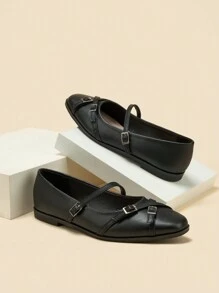 Women's Flat Mary Jane Shoes With Square Toe, Multiple Strap Design, Casual Black Lightweight Slip On Flats For School/Students - Black - View 5