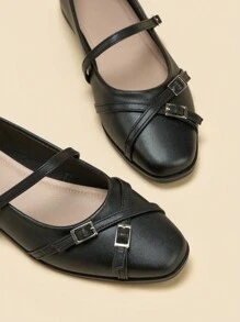Women's Flat Mary Jane Shoes With Square Toe, Multiple Strap Design, Casual Black Lightweight Slip On Flats For School/Students - Black - View 4