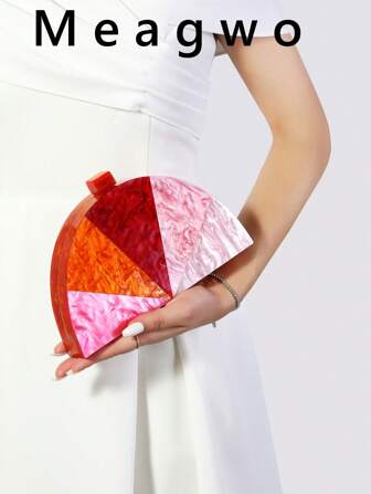 New Minimalist Semi-Circle Patchwork Metal Chain Shoulder Bag, Stylish Women Dress Party Acrylic Clutch Evening Bag, Elegant Bridal Makeup Handbag Small Square Purse