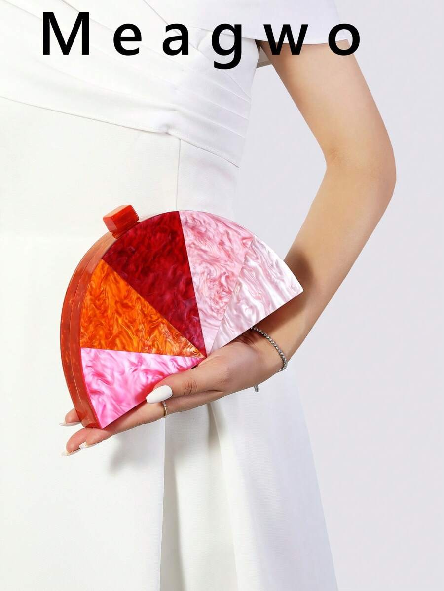 New Minimalist Semi-Circle Patchwork Metal Chain Shoulder Bag, Stylish Women Dress Party Acrylic Clutch Evening Bag, Elegant Bridal Makeup Handbag Small Square Purse - Burnt Orange - View 1