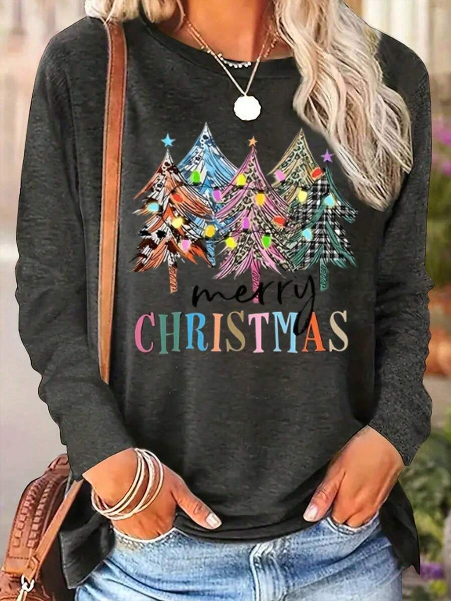 Áo thun tay dài cổ tròn họa tiết cây thông Noel in họa tiết da báo màu sắc Giáng sinh - Màu xám đen - Xem 1
