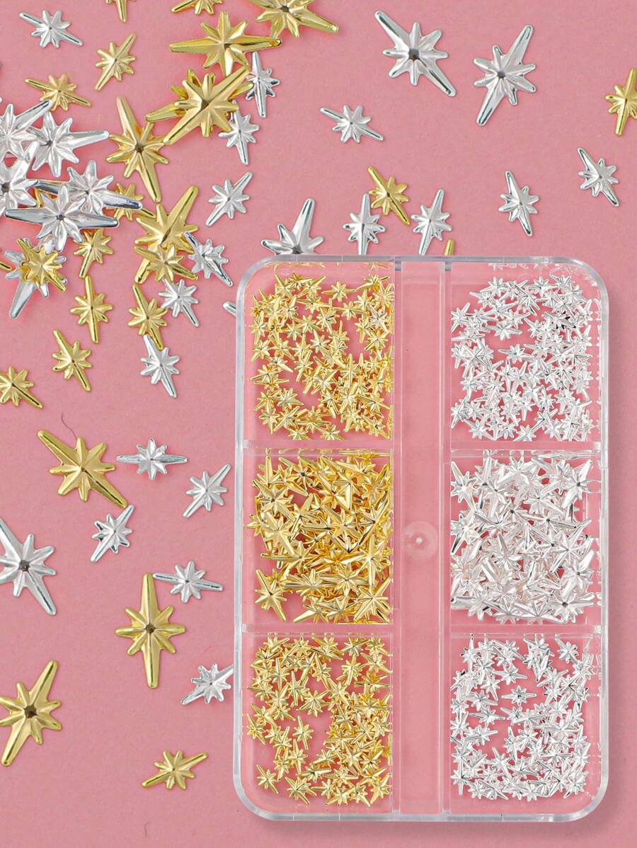 430pcs Low Allergy Nail Studs, 3D Gold & Silver Cross Star Pendants, Mini Metallic Hexagram Copper Rivets, DIY Nail Art Accessories, Women & Girls Nail Supplies, Nail Gems Nails - Multicolor - View 1