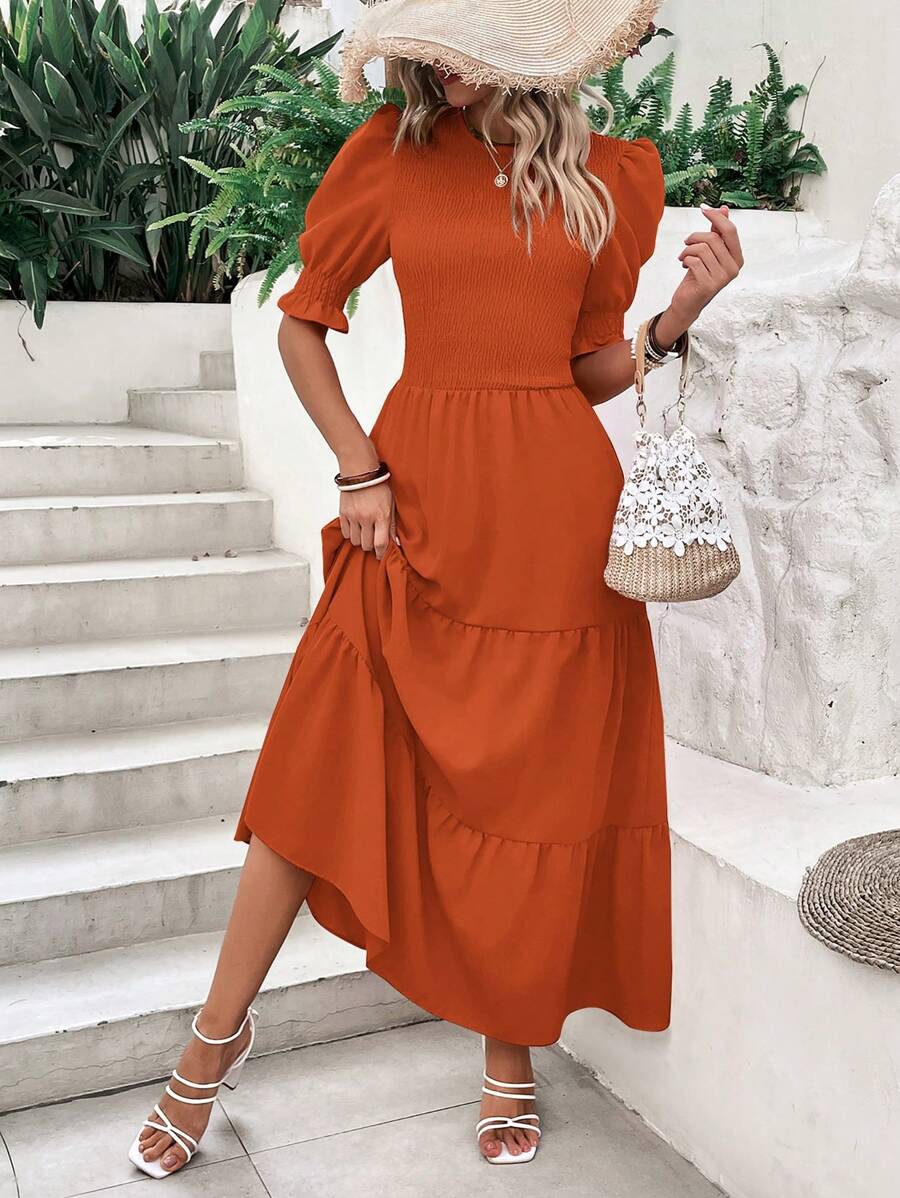Women's Summer Dress Casual Crewneck Short Sleeve Smock Boho Flowy Dress Spring Summer Holiday Vacation Valentine Going Out Outfits - 磚紅色 - 查看 1
