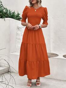 Women's Summer Dress Casual Crewneck Short Sleeve Smock Boho Flowy Dress Spring Summer Holiday Vacation Valentine Going Out Outfits - 磚紅色 - 查看 4