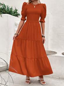 Women's Summer Dress Casual Crewneck Short Sleeve Smock Boho Flowy Dress Spring Summer Holiday Vacation Valentine Going Out Outfits - 磚紅色 - 查看 3