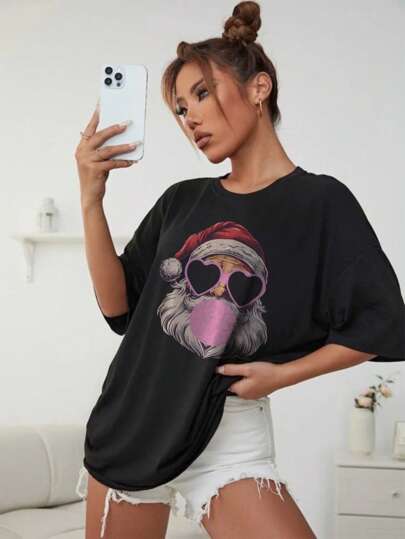 Camiseta Larga Feminina Natal Papai Noel Style Cores Preta e Branca 100% Algodão Moda Streetwear