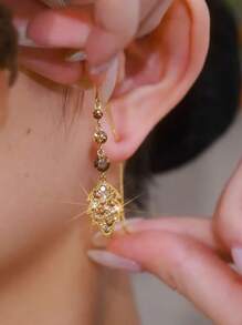 1 对奢华闪亮方晶锆石水晶叶吊坠耳环，优雅时尚女士耳环 - 咖啡棕 - 查看 2