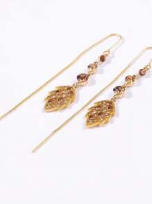 1 对奢华闪亮方晶锆石水晶叶吊坠耳环，优雅时尚女士耳环 - 咖啡棕 - 查看 3